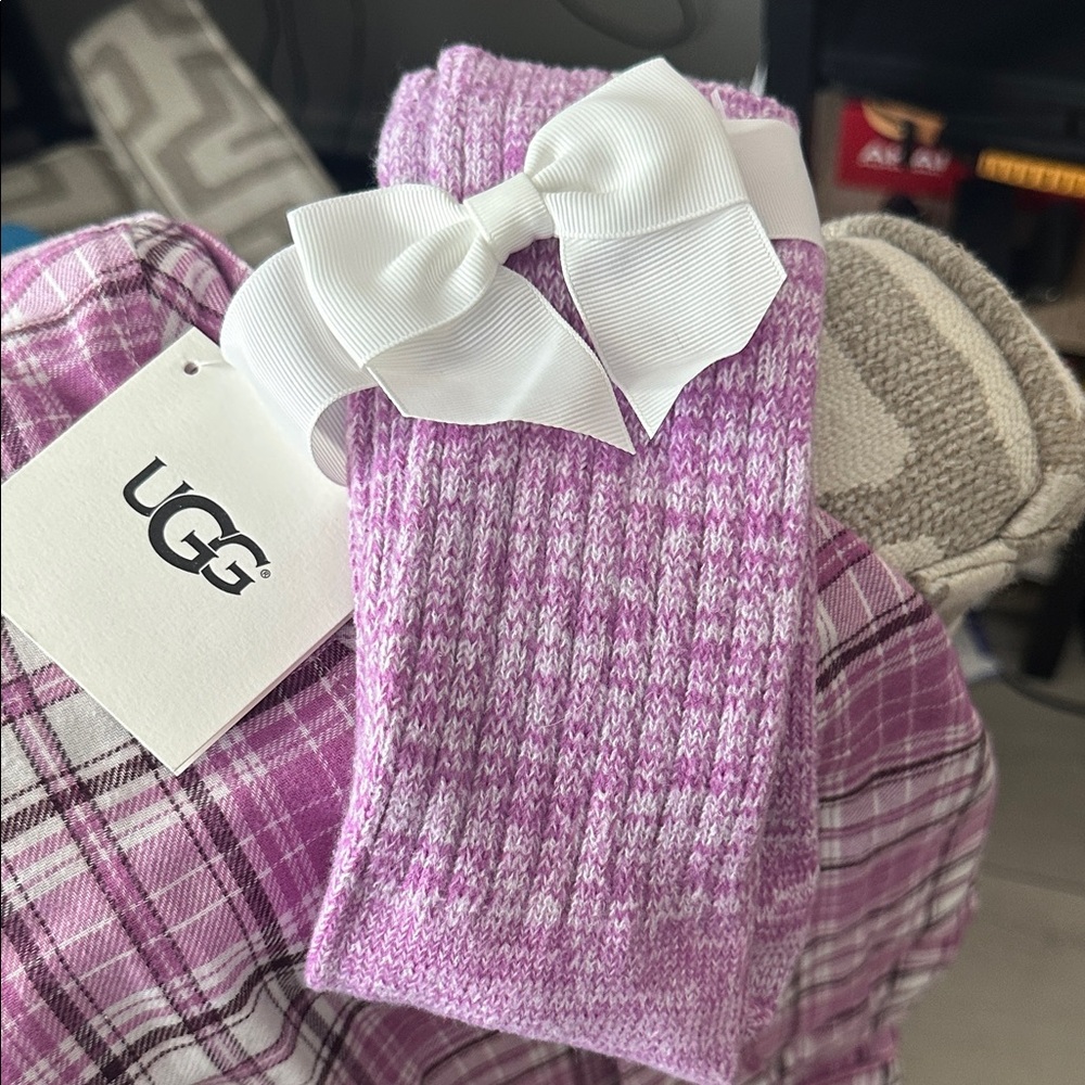UGG Lavender Plaid Socks with White Bow